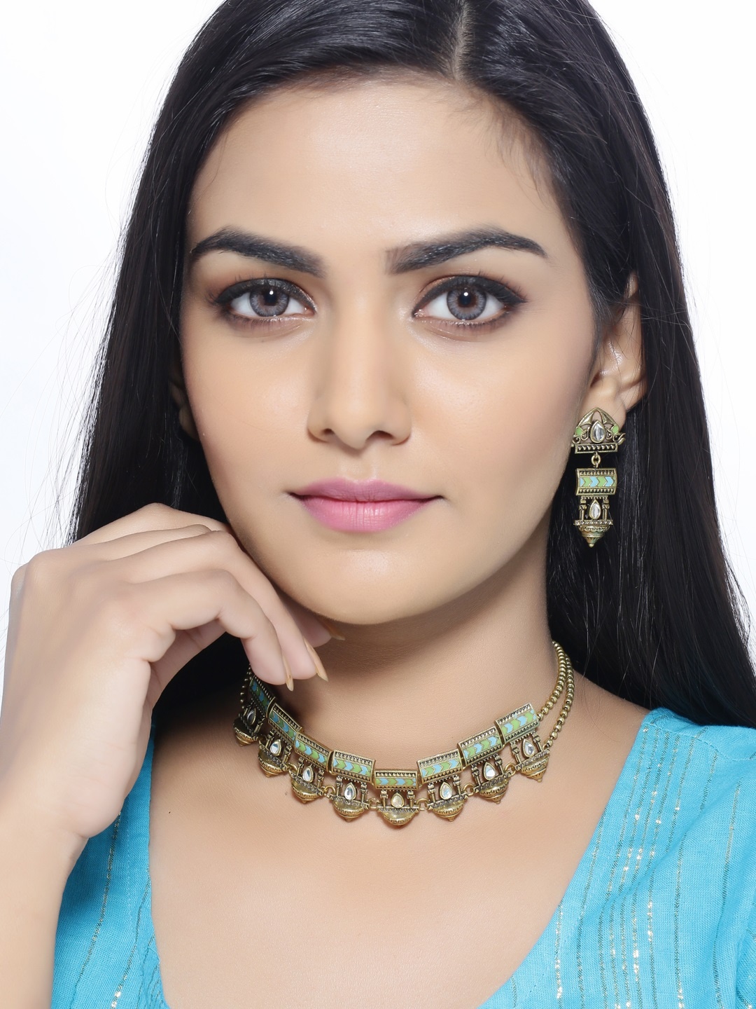 

Voylla Gold-Plated & Green Enamelled Stone-Studded Oxidised Jewellery Set