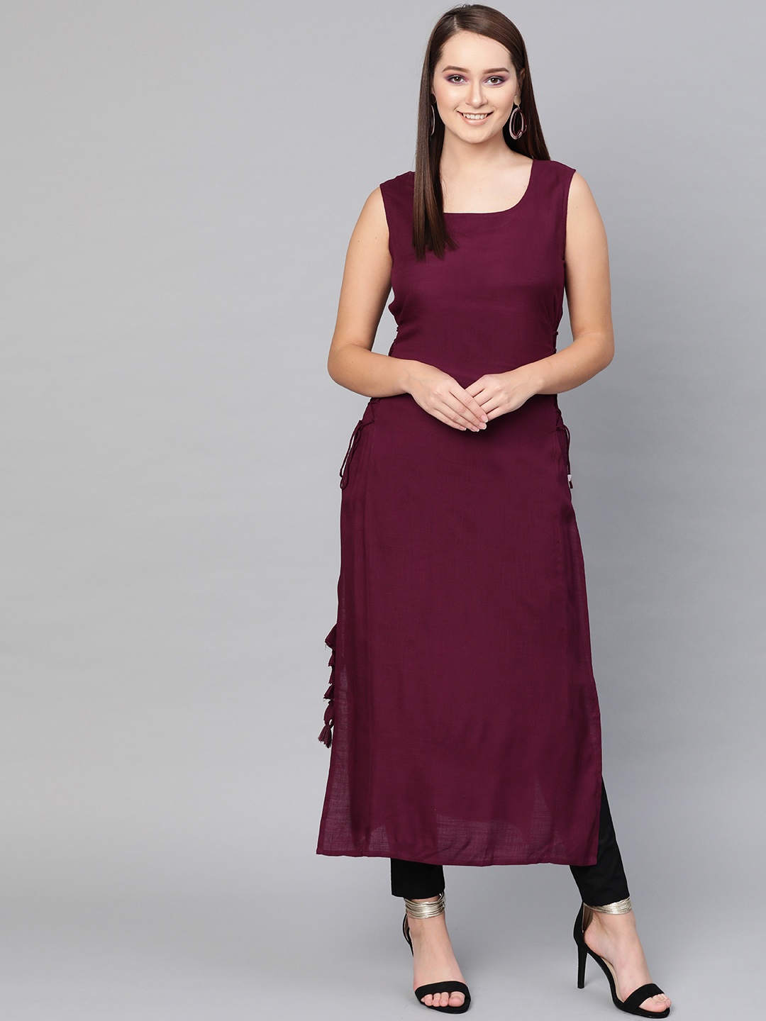 

AKS Women Burgundy Solid Straight Kurta