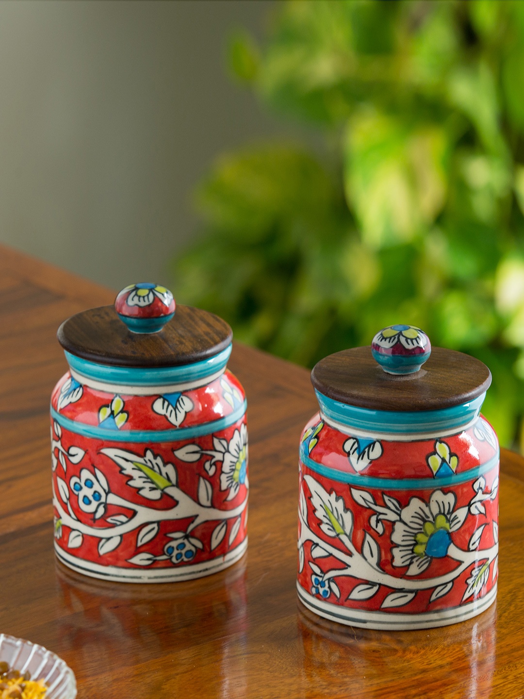 

ExclusiveLane Set Of 2 Hand-Painted Floral Ceramic Storage Jars & Containers - 410 ML, Red