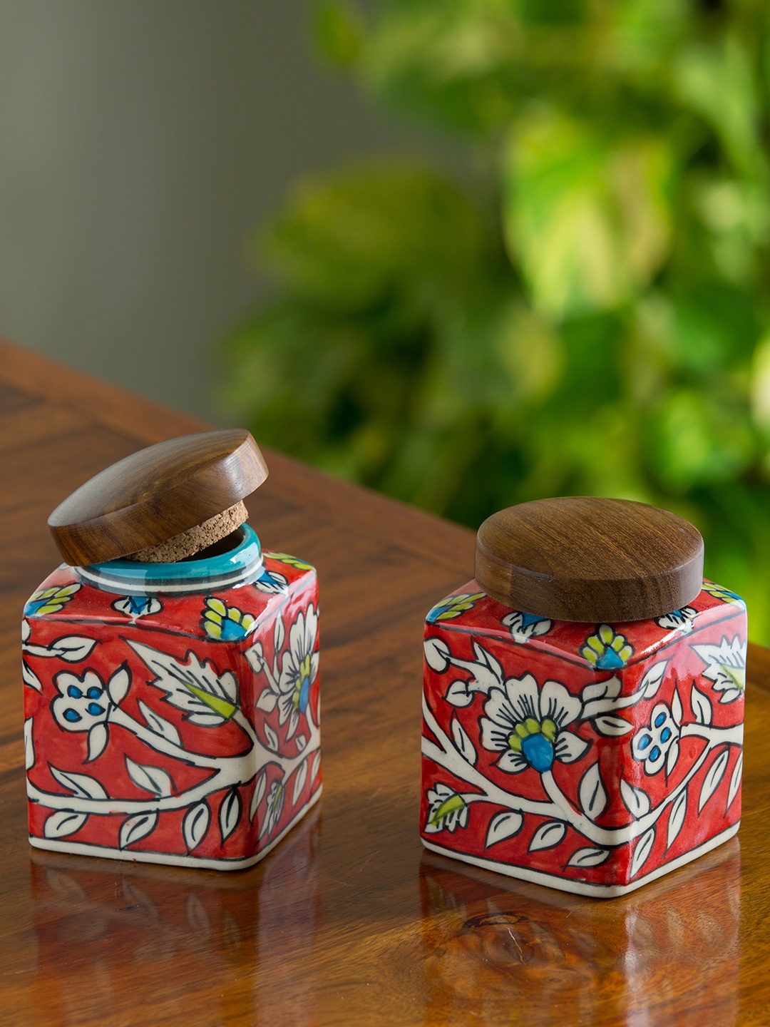 

ExclusiveLane Set Of 2 Mughal Cuboidal Pair Floral Ceramic Kitchen Storage Jars Containers, Red