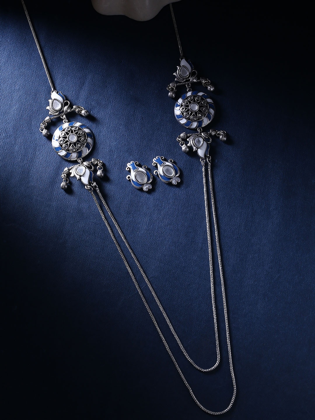 

Voylla Silver-Plated & Blue Cubic -Zirconia Studded Oxidised Jewellery Set