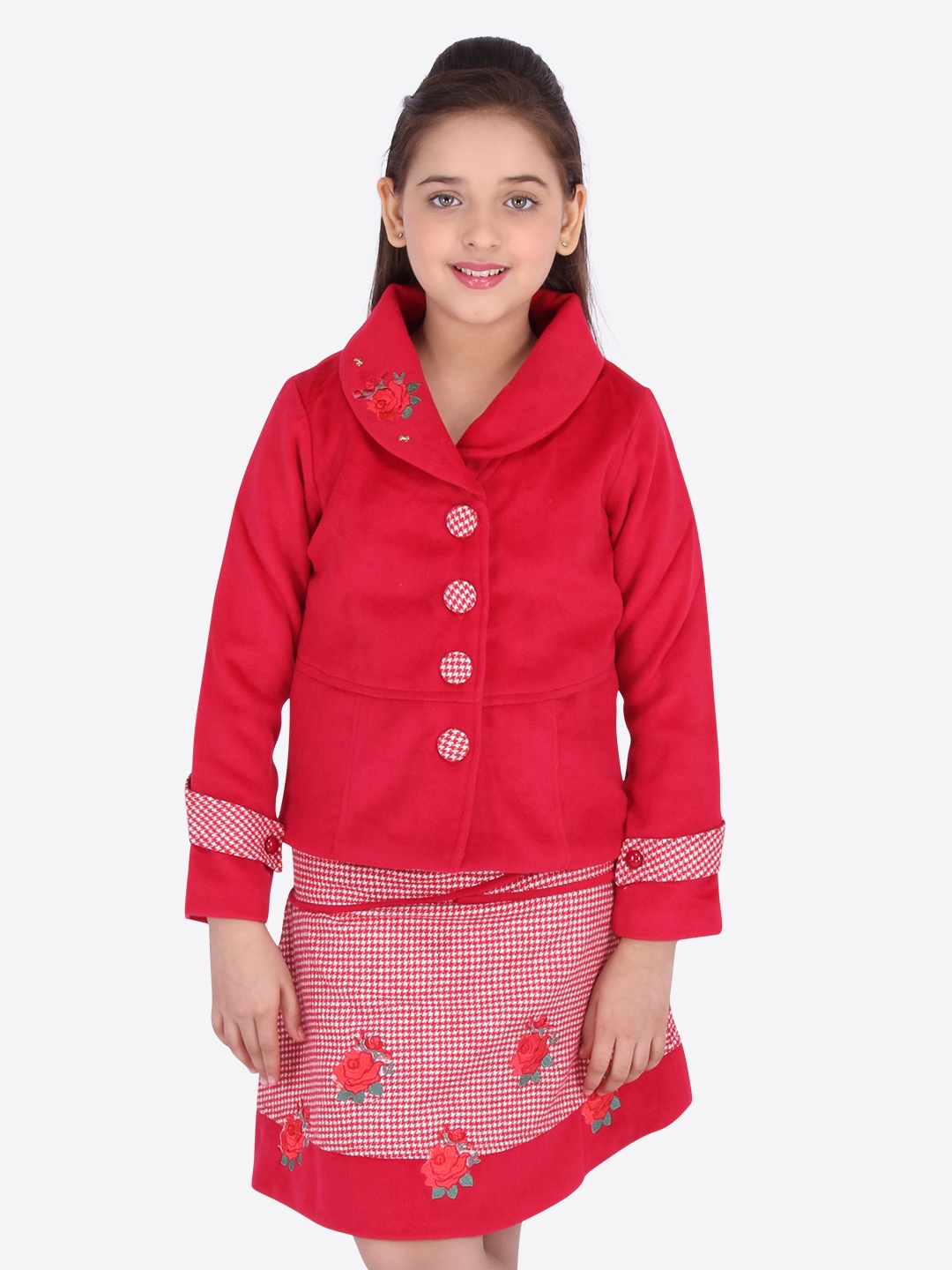 

CUTECUMBER Girls Red & White Solid Coat with Skirt