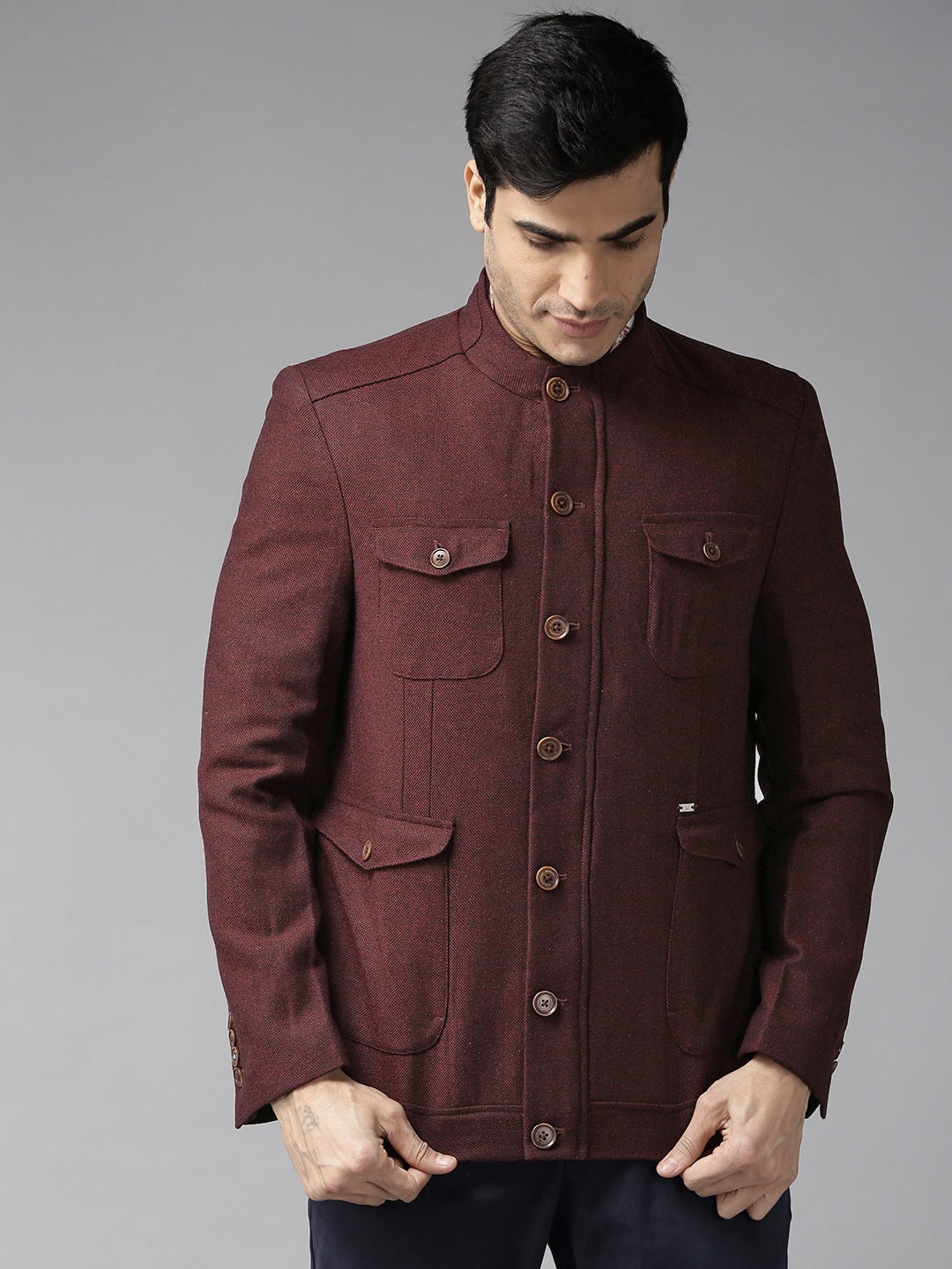 

Blackberrys Men Maroon Textured Slim Fit Bandhgala
