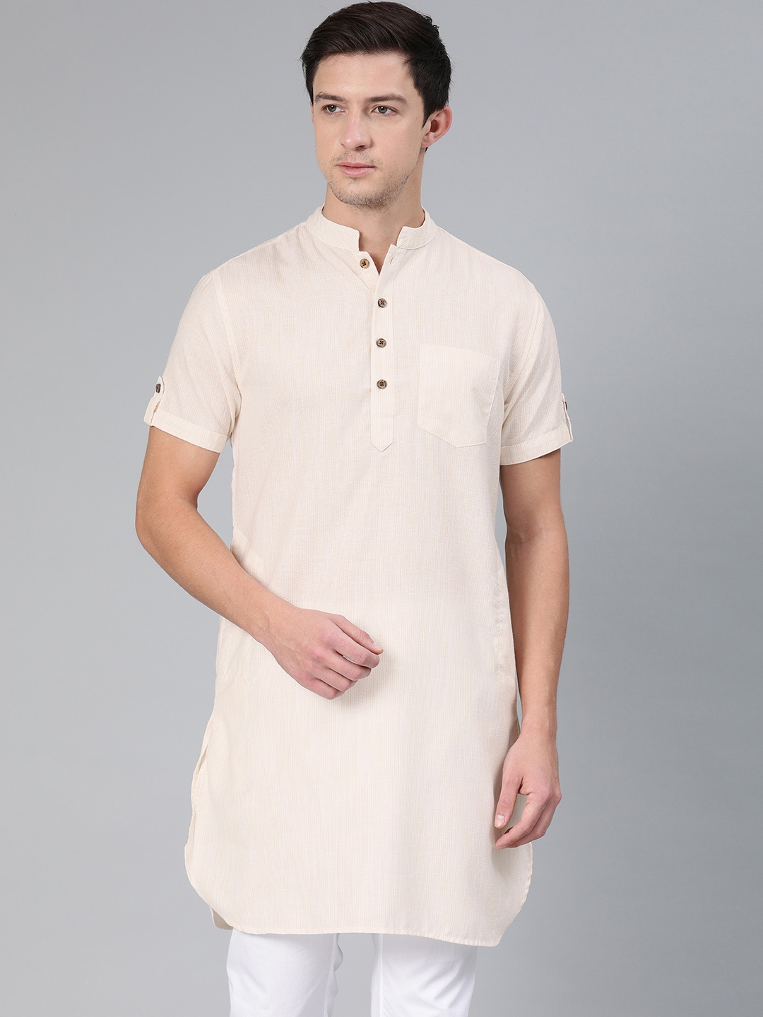 

Freehand by The Indian Garage Co Men Yellow White Striped Straight Kurta