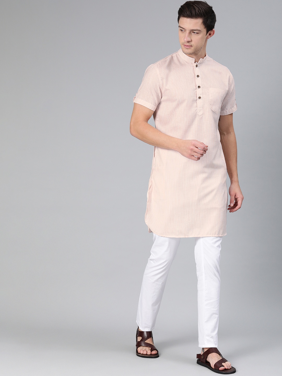 

Freehand Men Orange & White Striped Straight Kurta