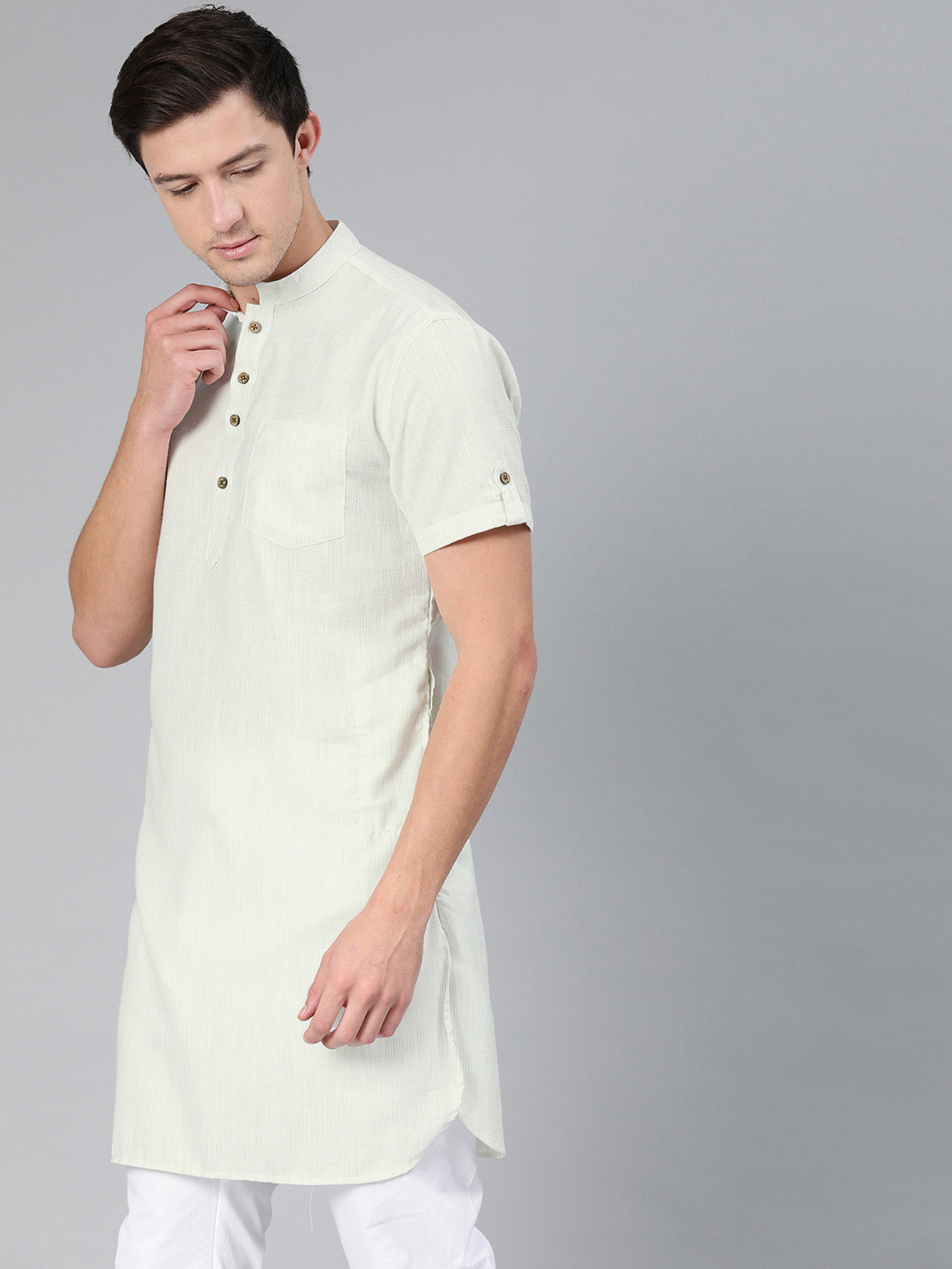 

Freehand Men Green & White Striped Straight Kurta