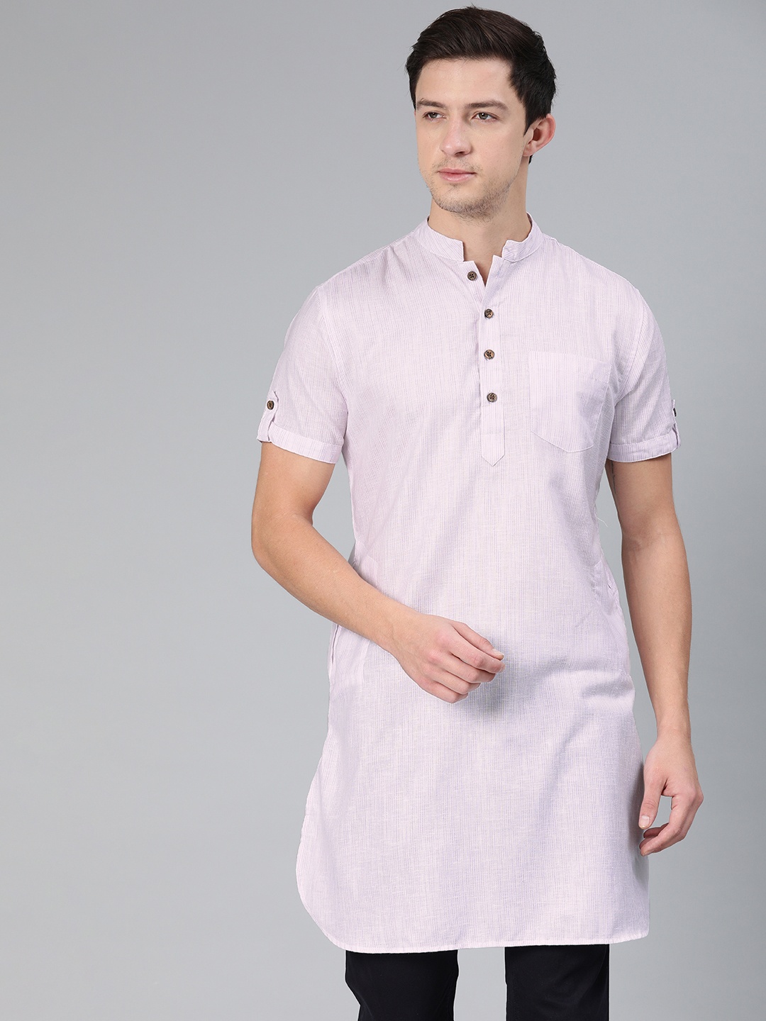 

Freehand Men Purple & White Striped Straight Kurta
