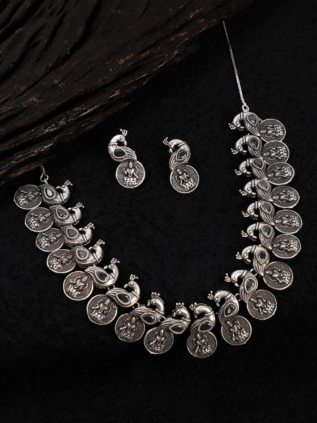 

Rubans Black & Silver-Toned Stone-Studded Oxidised Jewellery Set