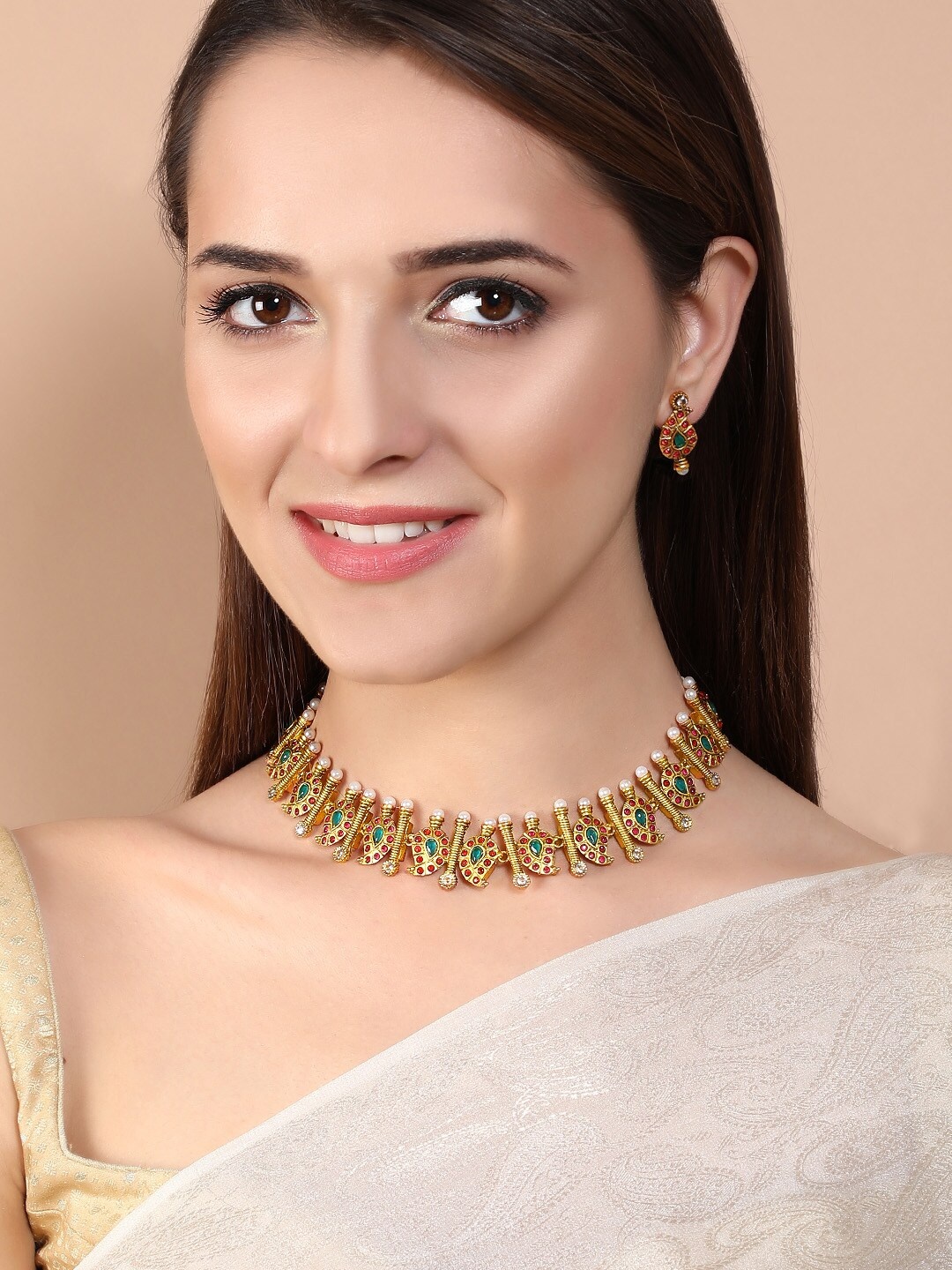 

Rubans Pink & Green Stone-Studded Gold-Plated Jewellery Set