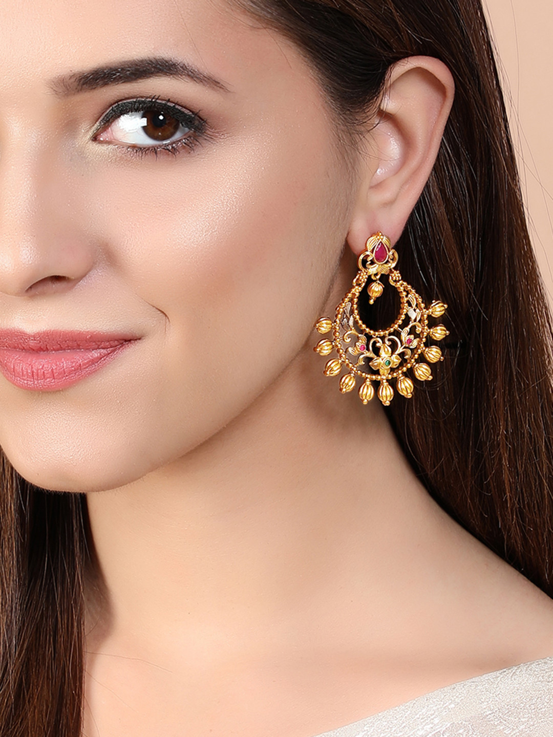 

Rubans Gold-Plated & Pink Crescent Shaped Chandbalis