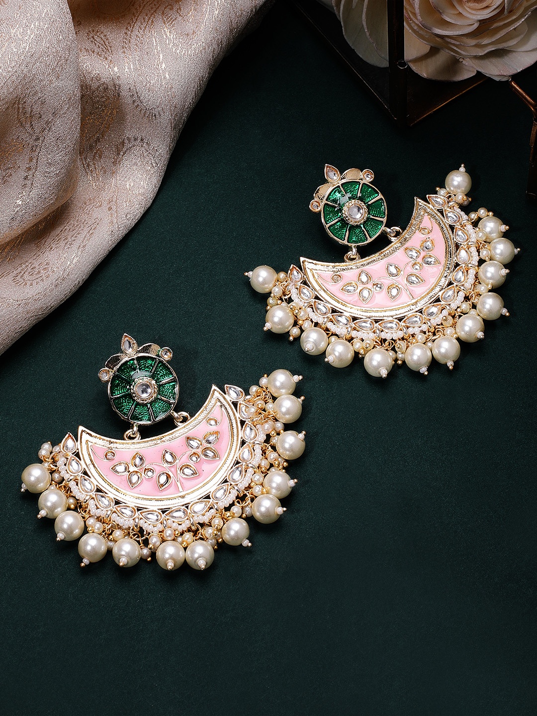 

Rubans Gold-Toned & Pink Crescent Shaped Chandbalis