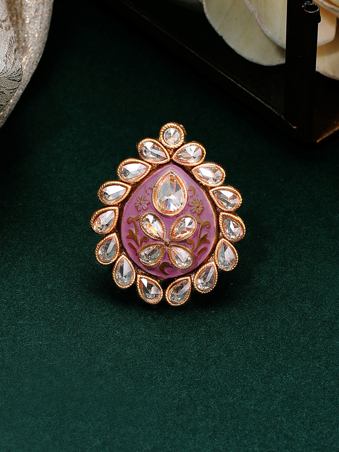 

Rubans Gold-Plated Pink Kundan-Studded Adjustable Enamelled Finger Ring