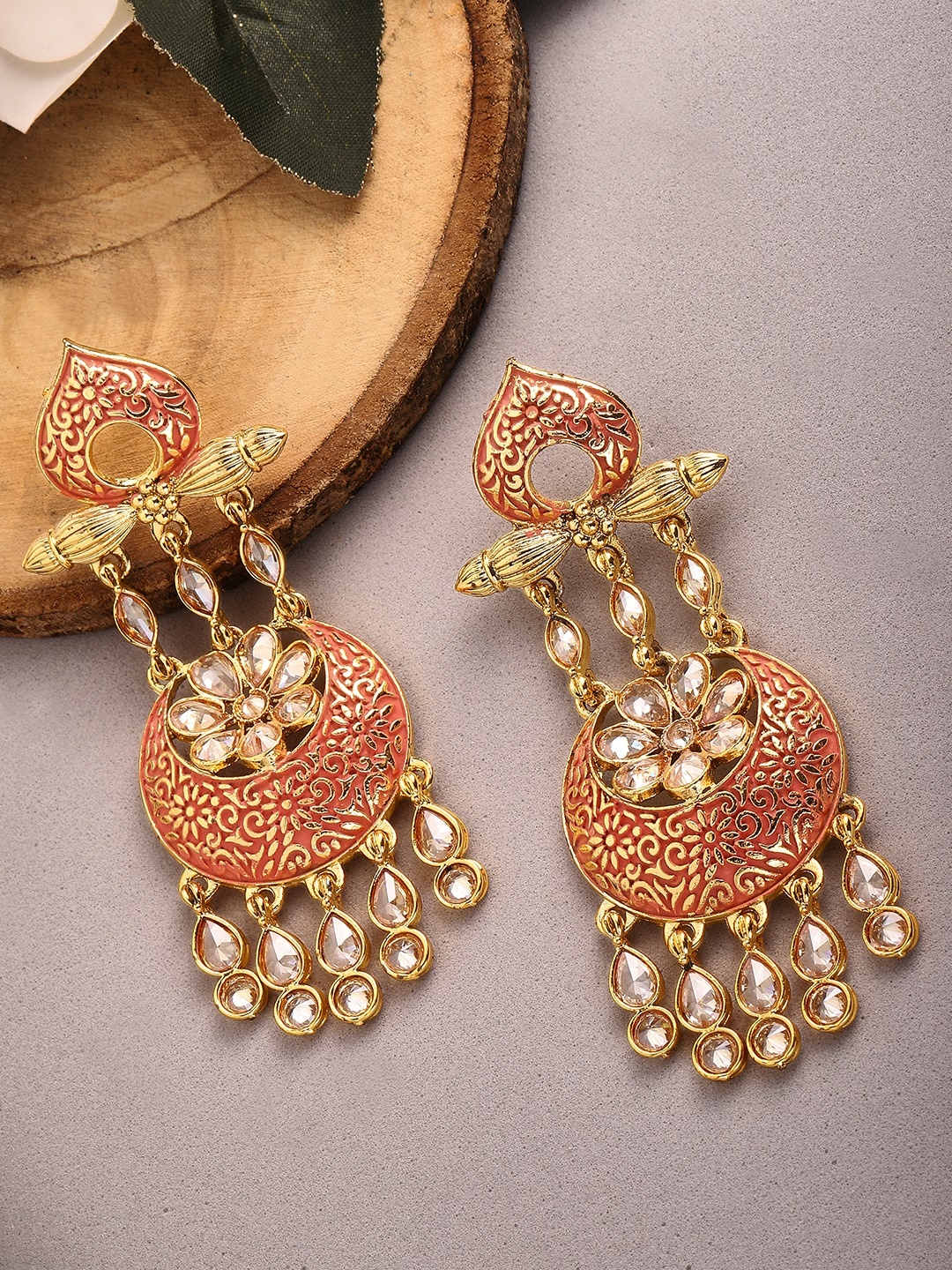 

Rubans Gold-Toned & Red Crescent Shaped Drop Earrings