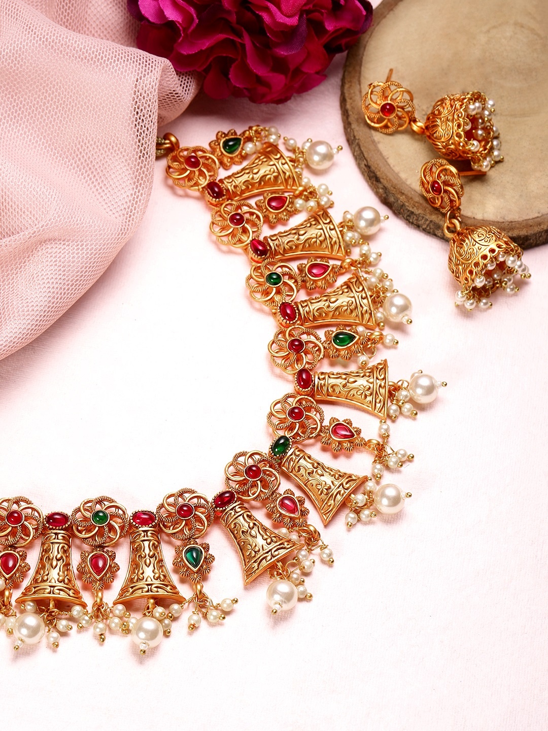 

Rubans Pink & Green Stone-Studded Gold-Plated Jewellery Set