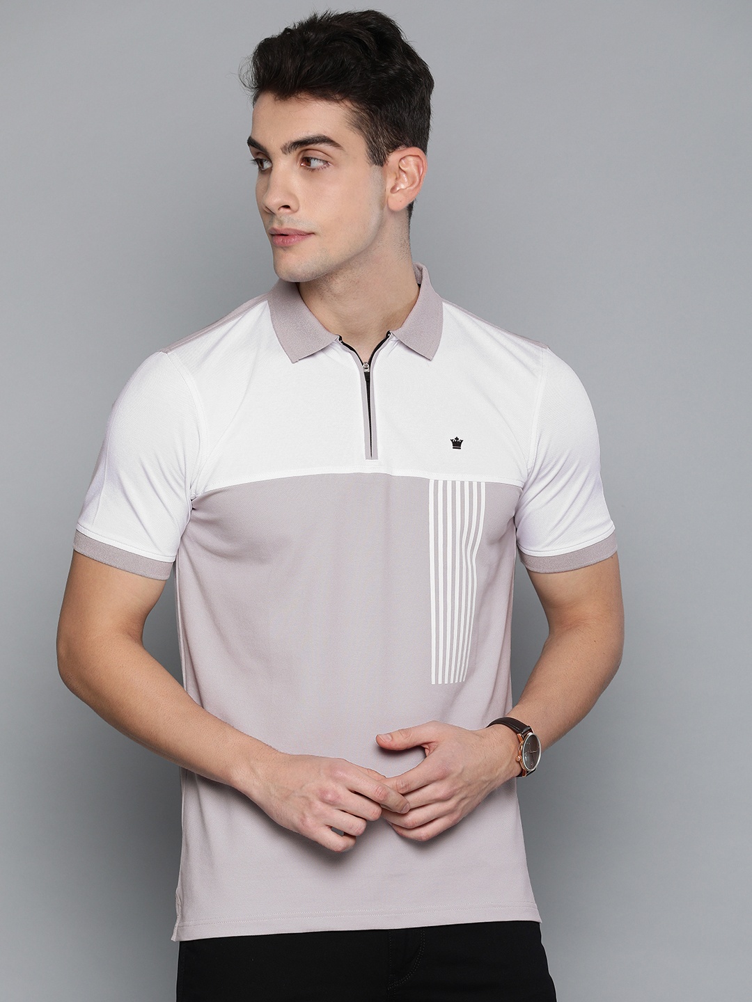 

Louis Philippe Golf Leisure Men White & Mauve Colourblocked Polo Collar T-shirt