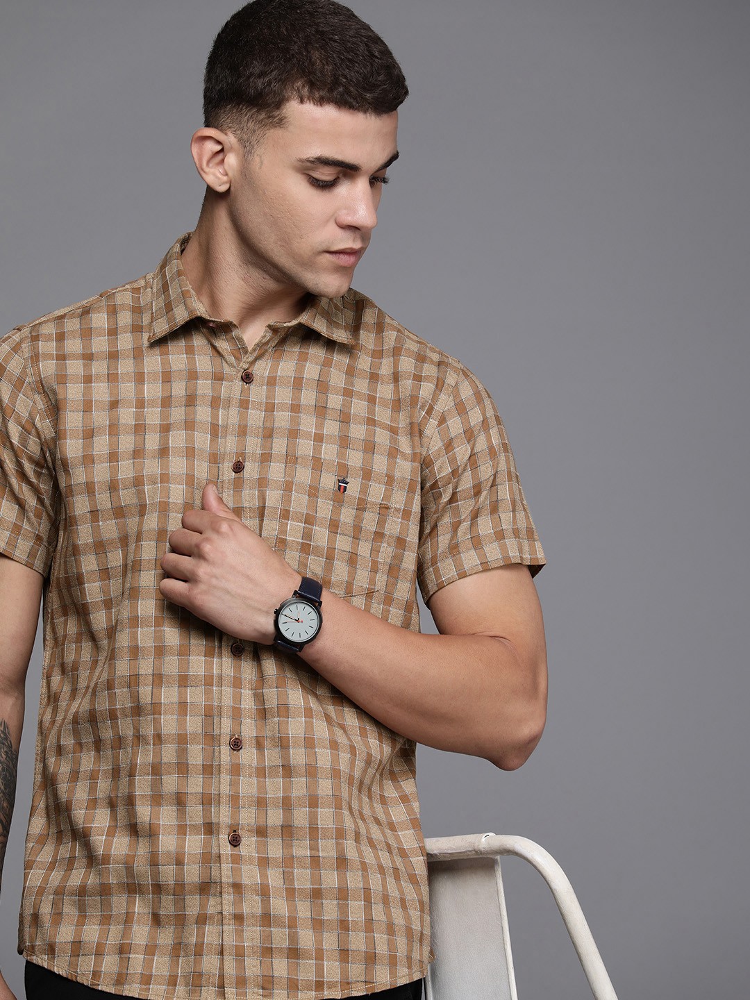 

Louis Philippe Sport Slim Fit Pure Cotton Checked Casual Shirt, Brown