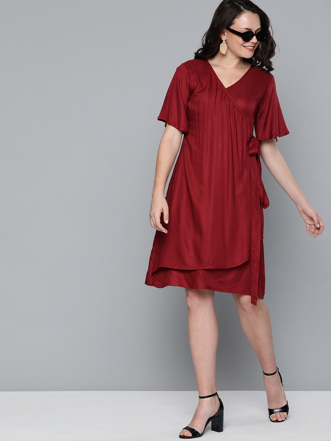 

HERE&NOW Women Maroon Self Design Wrap Dress