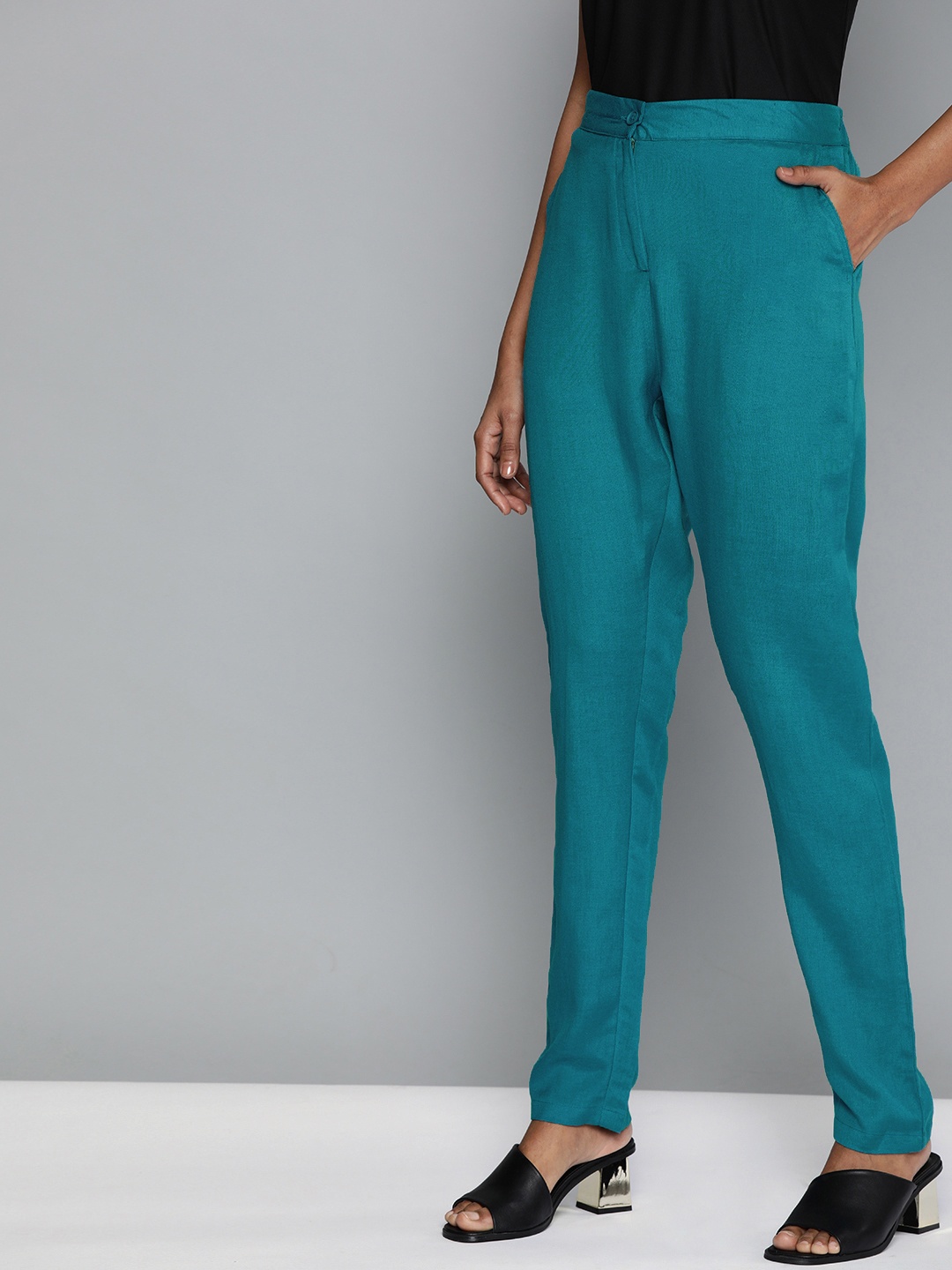 

HERE&NOW Women Teal Blue Regular Fit Solid Trousers