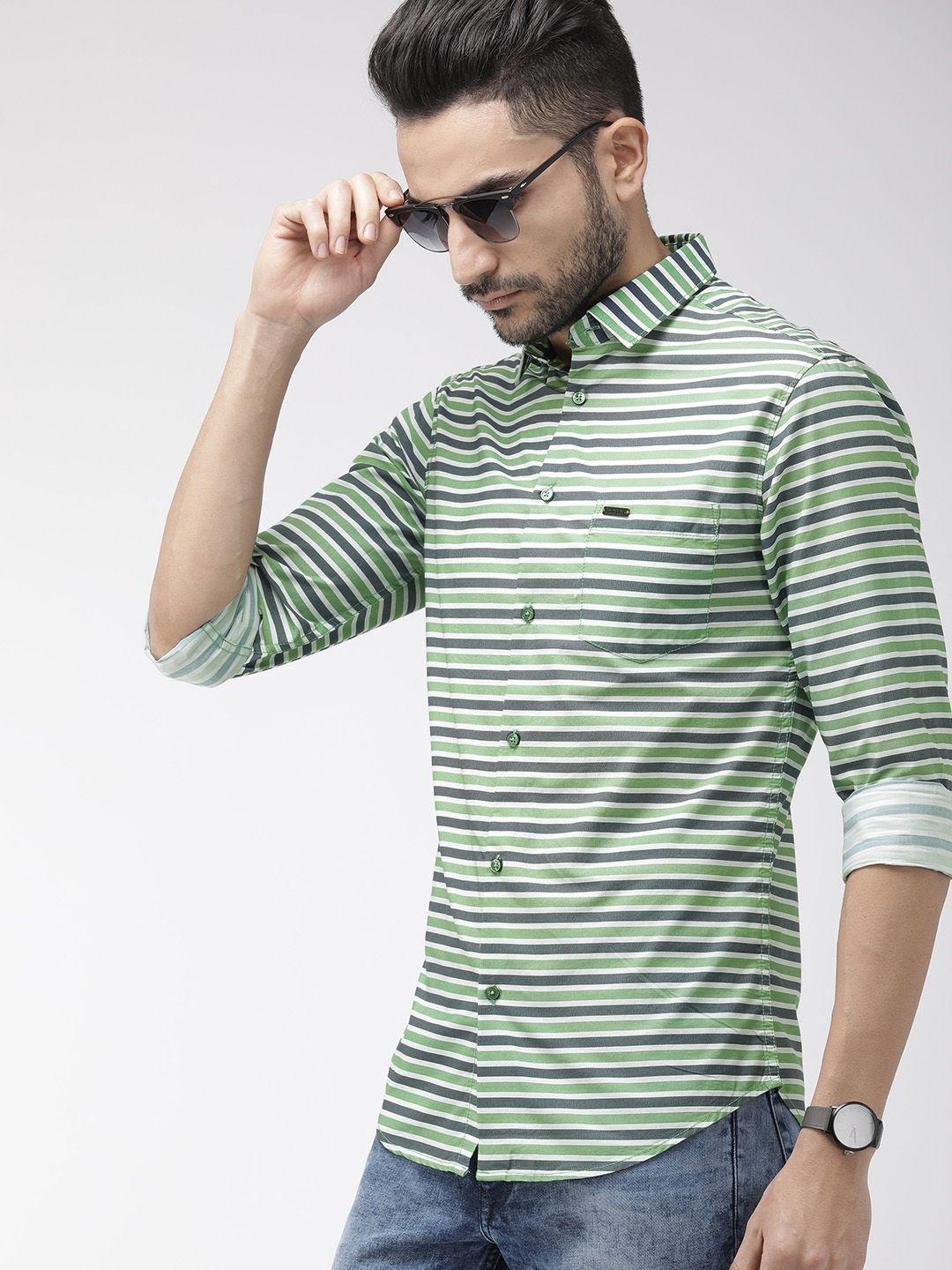 

The Indian Garage Co Men Green & Blue Slim Fit Striped Casual Shirt