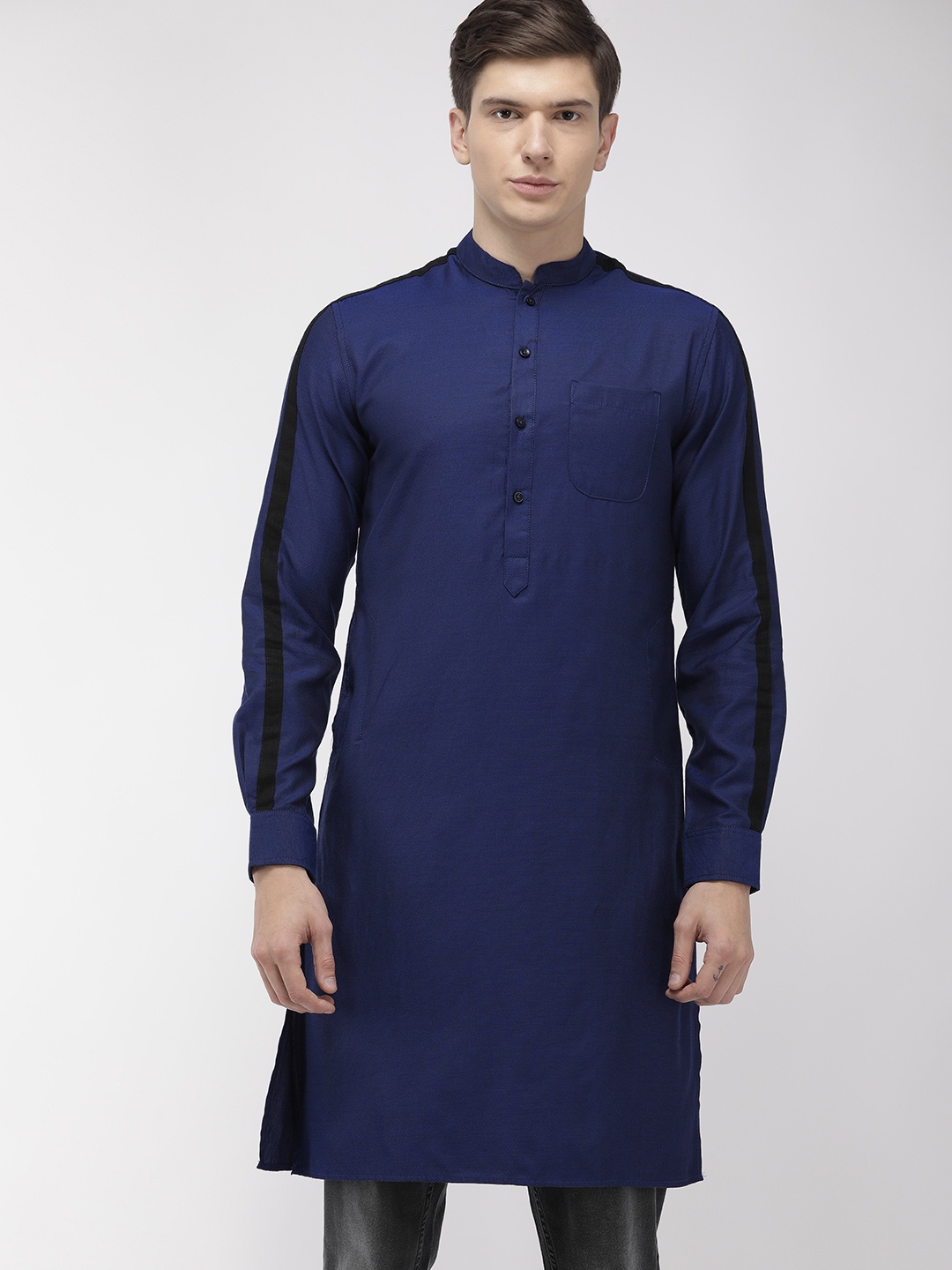 

The Indian Garage Co Men Navy Blue Woven Design Straight Kurta