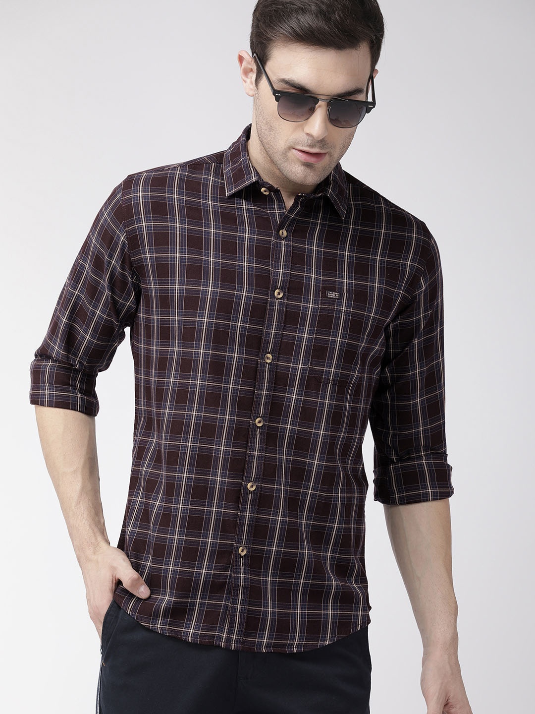 

The Indian Garage Co Men Brown & Blue Slim Fit Checked Casual Shirt