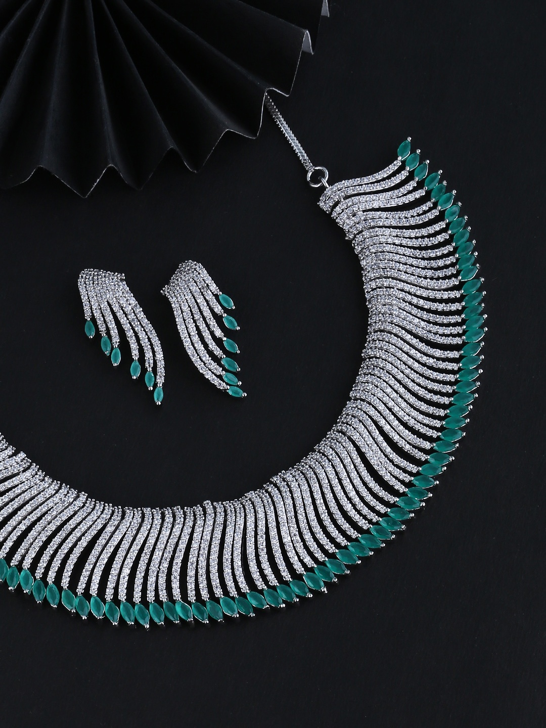 

Voylla White & Green Silver-Plated CZ Stone-Studded Handcrafted Jewellery Set