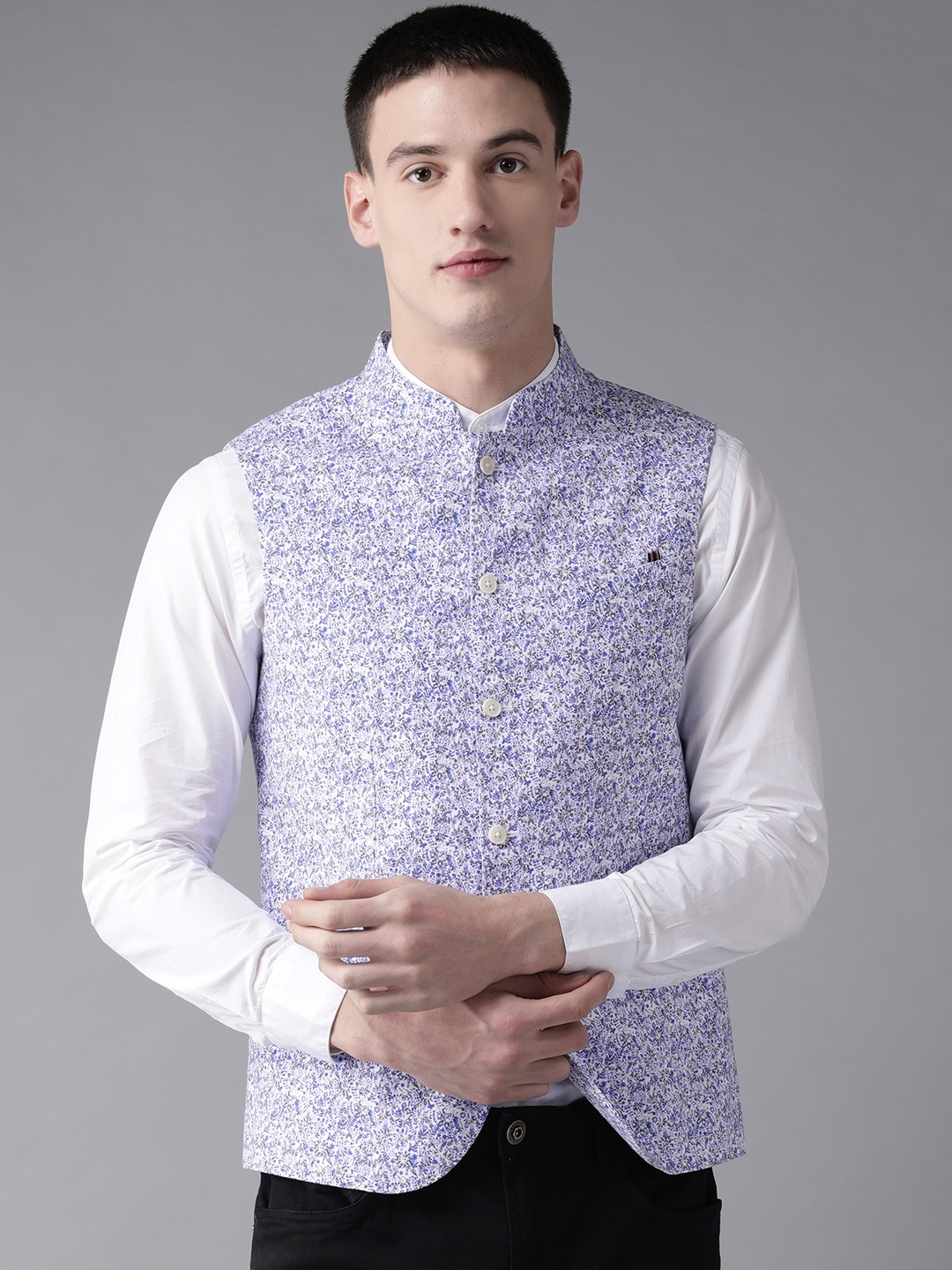 

Blackberrys Men Off White & Purple Printed Slim Fit Nehru Jacket