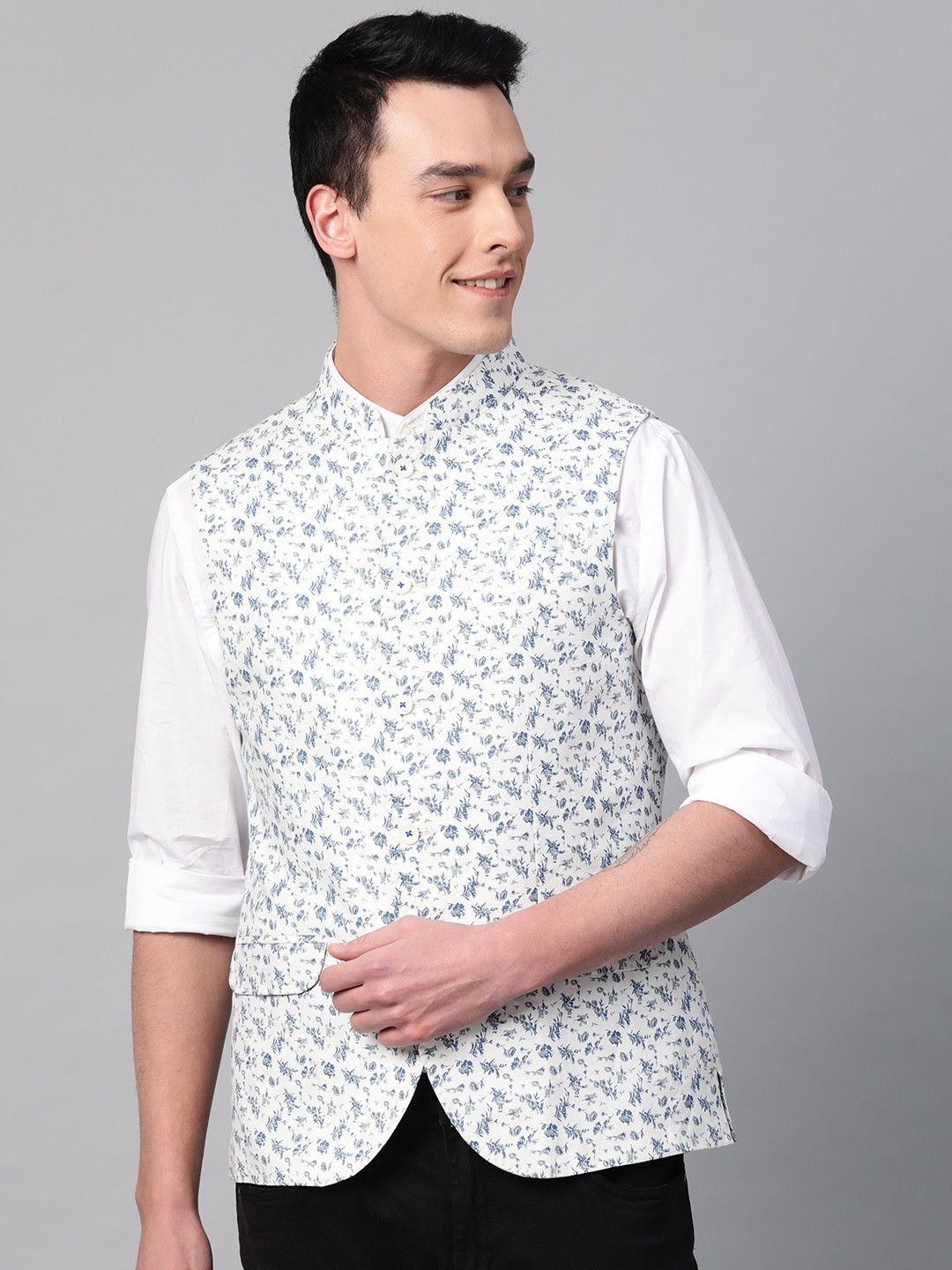 

Blackberrys Men Off White & Blue Printed Slim Fit Nehru Jacket