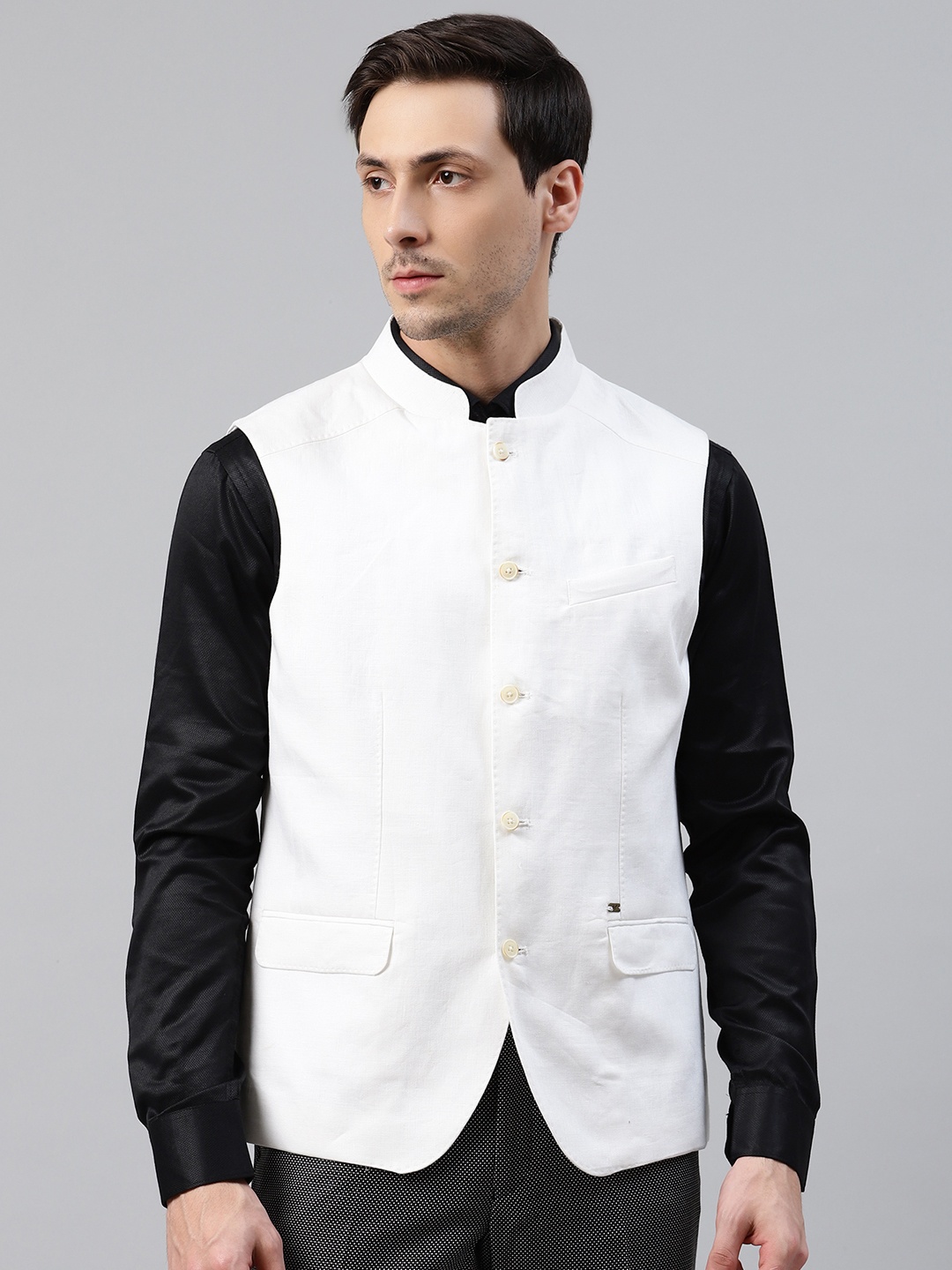 

Blackberrys Men White Pure Linen Slim Fit Solid Smart Casual Nehru Jacket