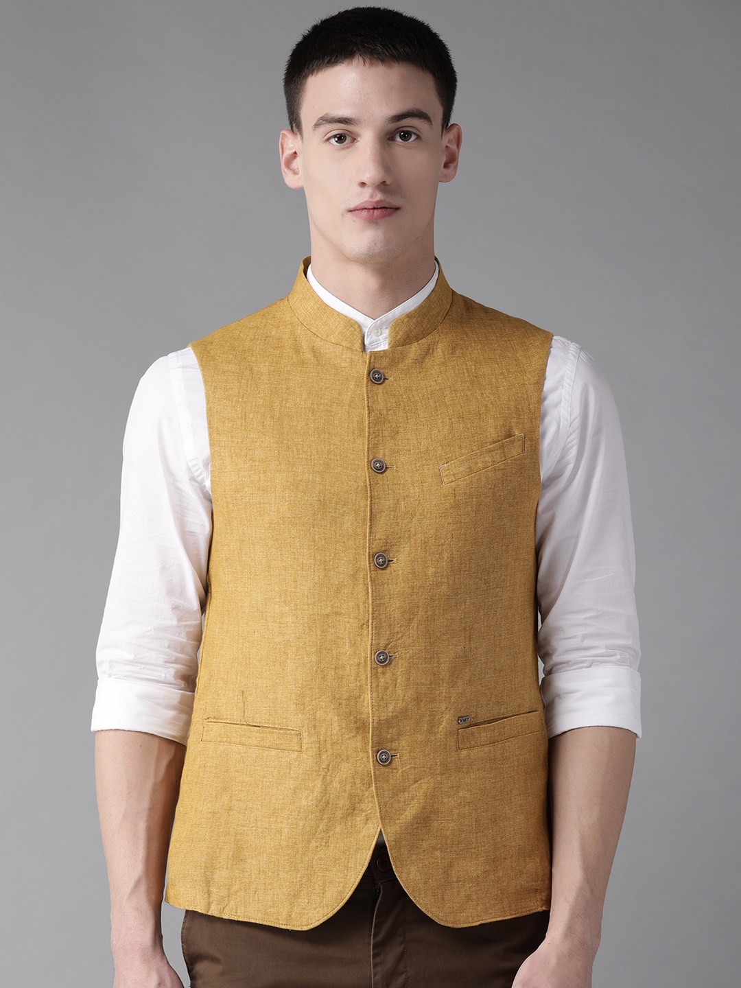 

Blackberrys Men Mustard Yellow Solid Slim Fit Linen Nehru Jacket