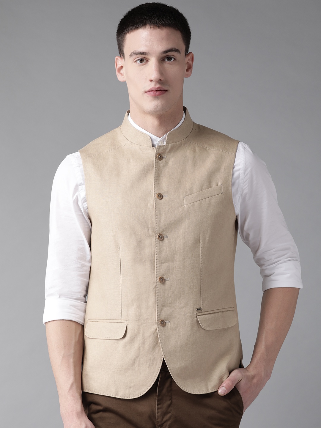 

Blackberrys Men Beige Solid Slim Fit Linen Nehru Jacket