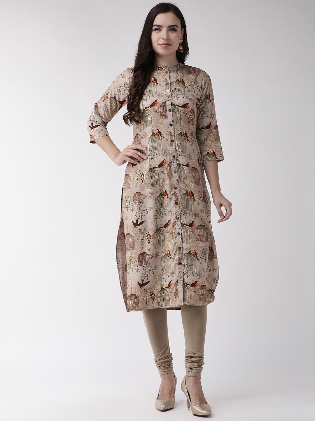 

RANGMAYEE Women Beige & Brown Birds & Cage Printed Straight Kurta
