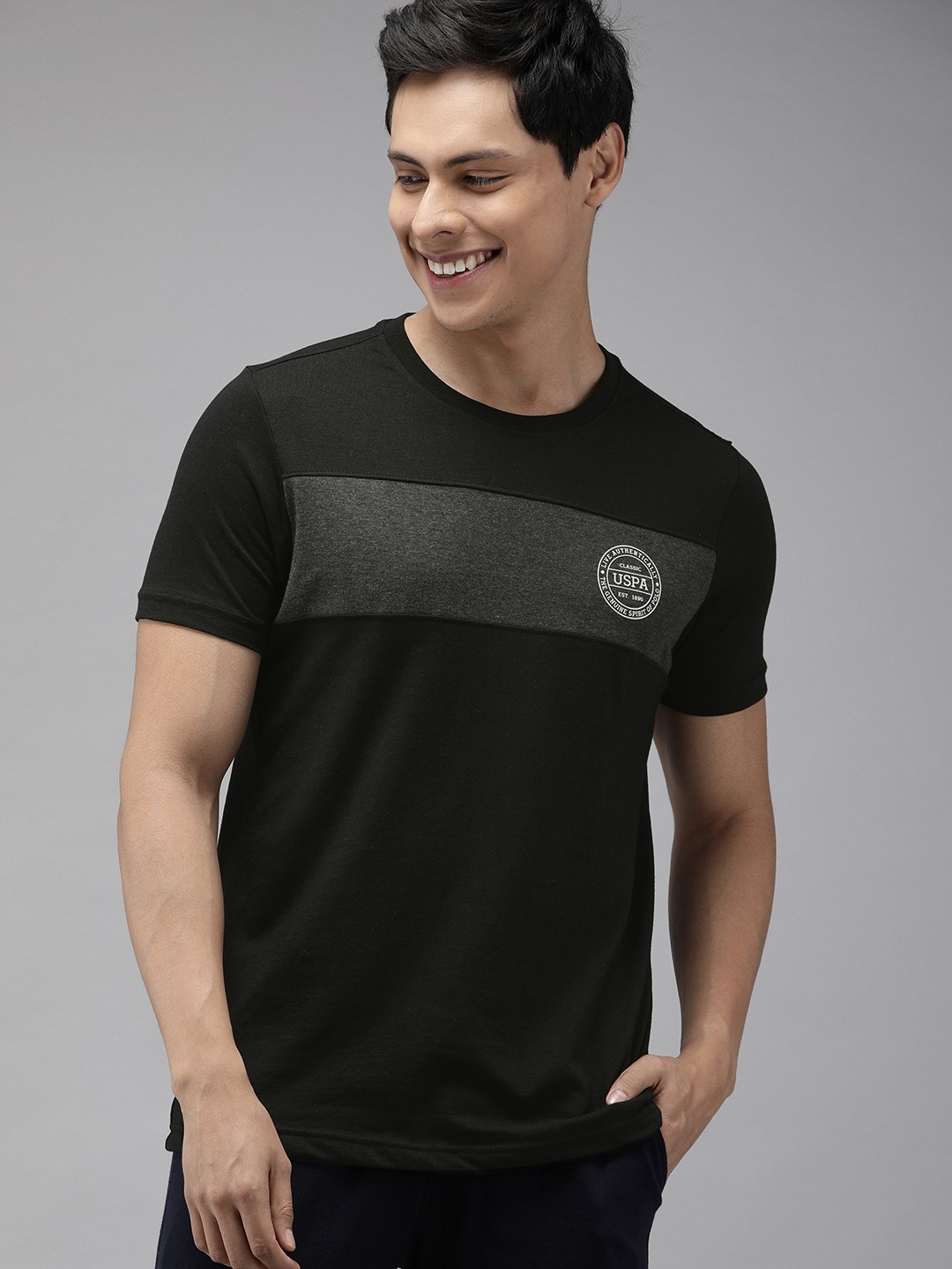 

U.S. Polo Assn. Men Black & Grey Colourblocked Round Neck Lounge T-shirt
