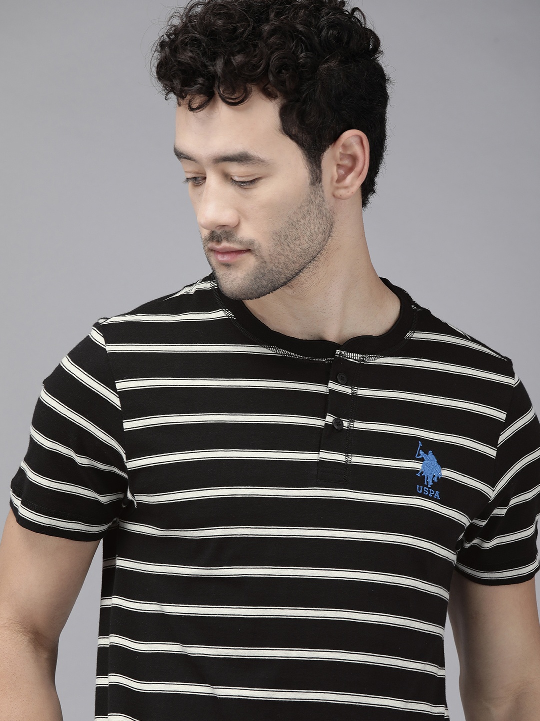 

U.S. Polo Assn. Men Black & White Striped Henley Collar Lounge T-shirt