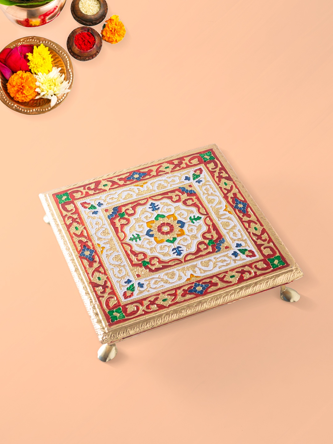 

Golden Peacock Gold-Toned & White Handcrafted Wooden Meenakari Chowki