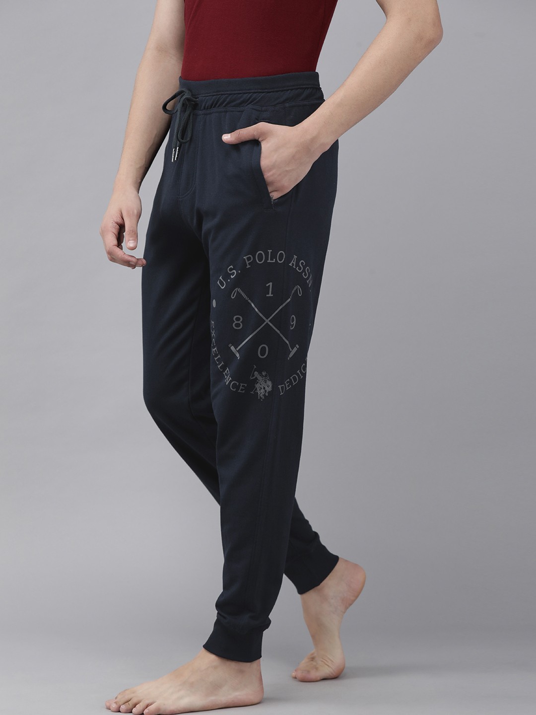 

U.S. Polo Assn. Men Navy Blue Solid Lounge Joggers with Brand Logo Print