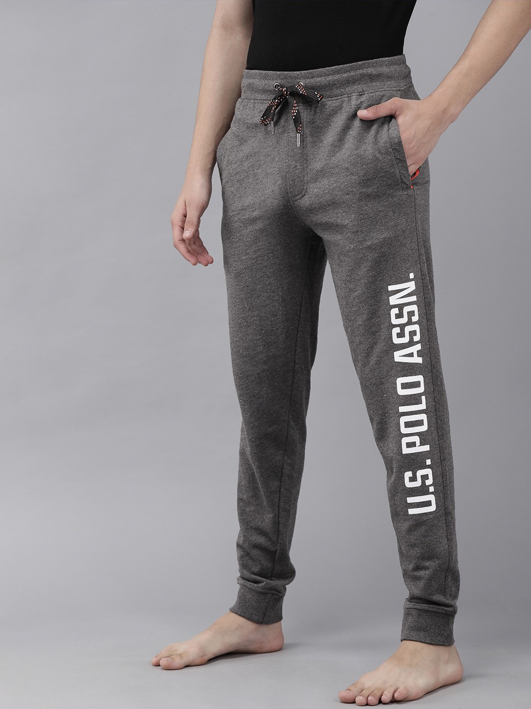 

U.S. Polo Assn. Men Grey Melange Brand Logo Printed Lounge Joggers
