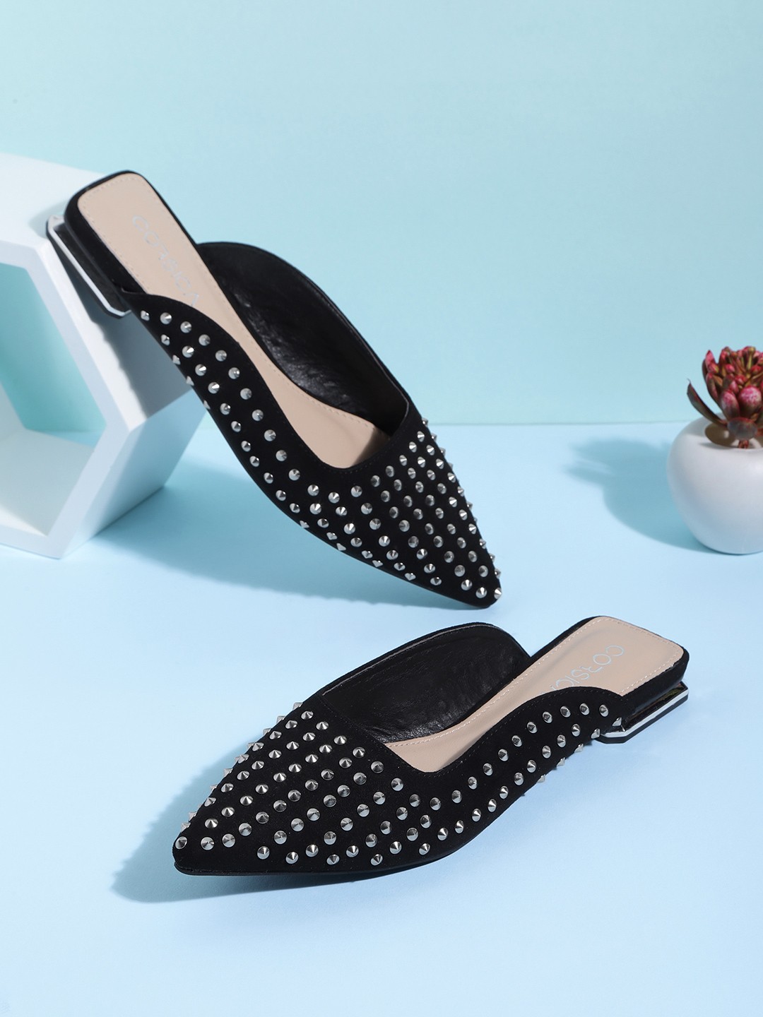 

CORSICA Women Black & Silver-Toned Studded Mules