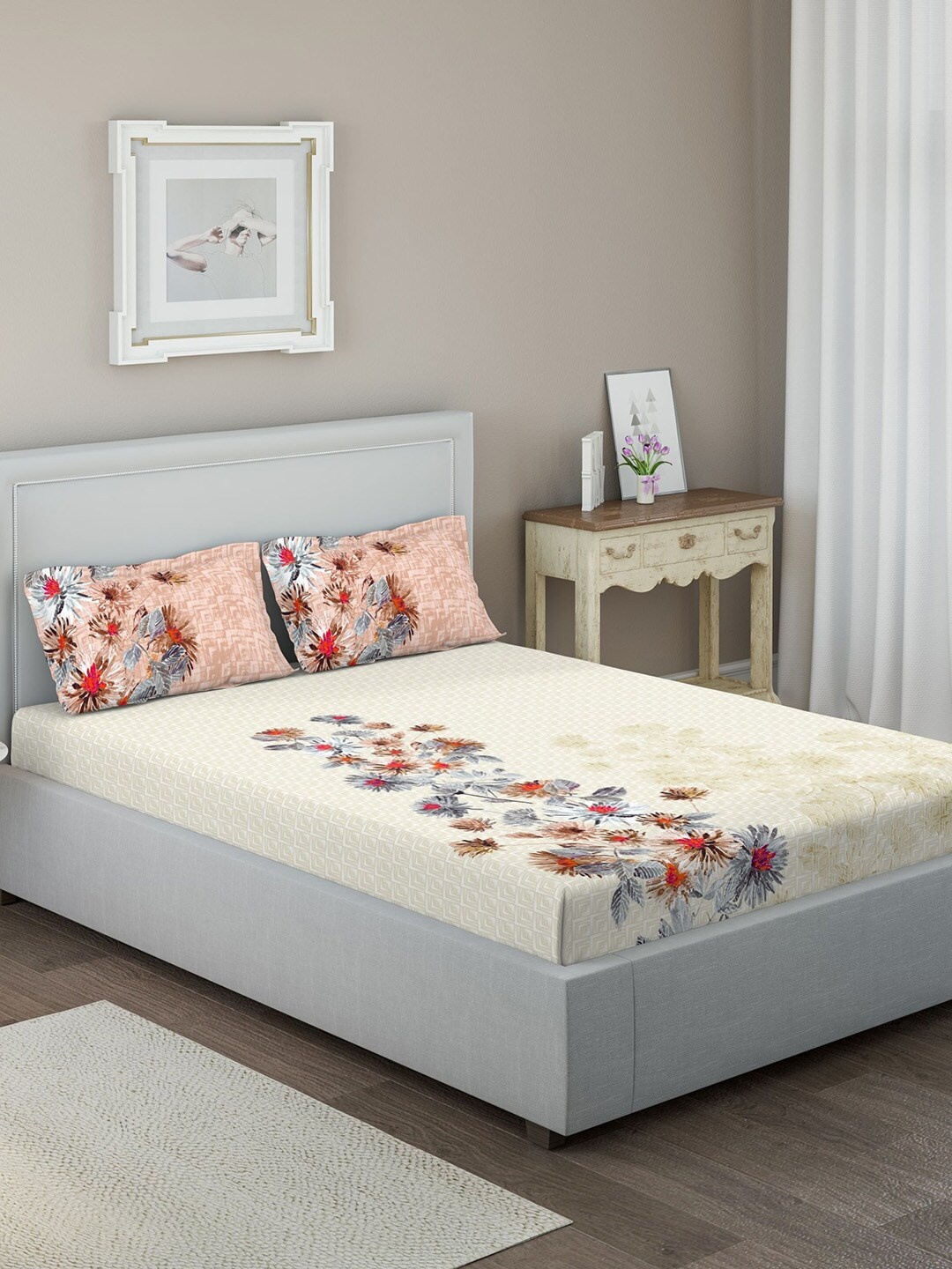 

DDecor Off-White Floral 144 TC Cotton 1 Queen Bedsheet with 2 Pillow Covers