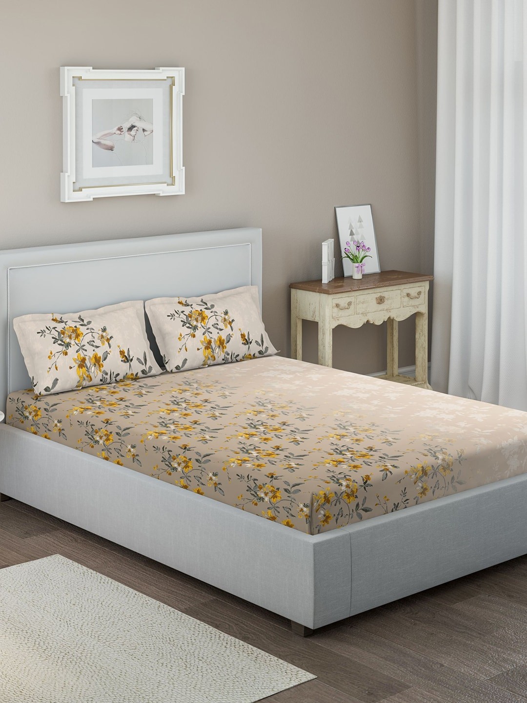 

DDecor Yellow & Mustard Floral 144 TC Cotton 1 Queen Bedsheet with 2 Pillow Covers