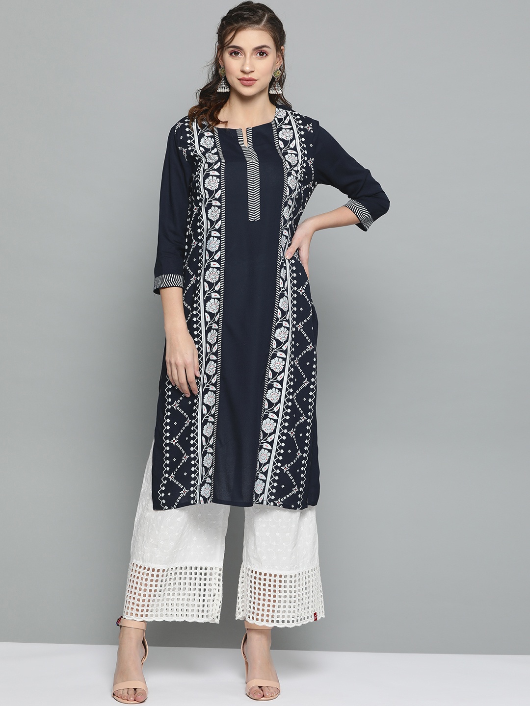 

HERE&NOW Women Navy Blue & White Printed Straight Kurta