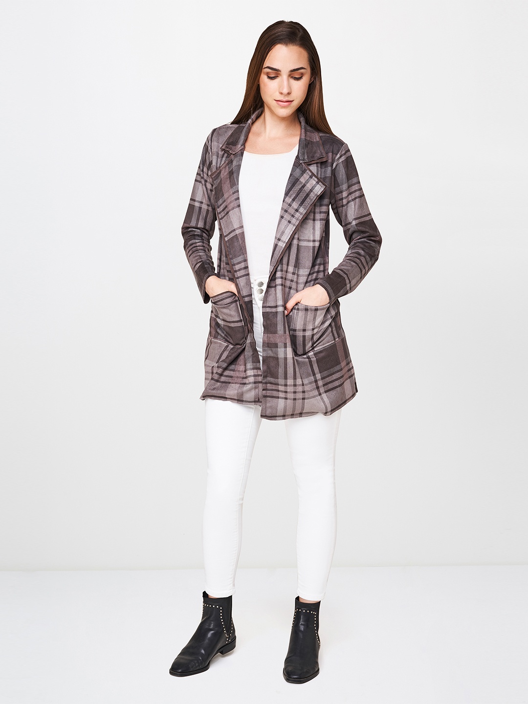 

AND Women Camel Brown Checked Tailored Jacket