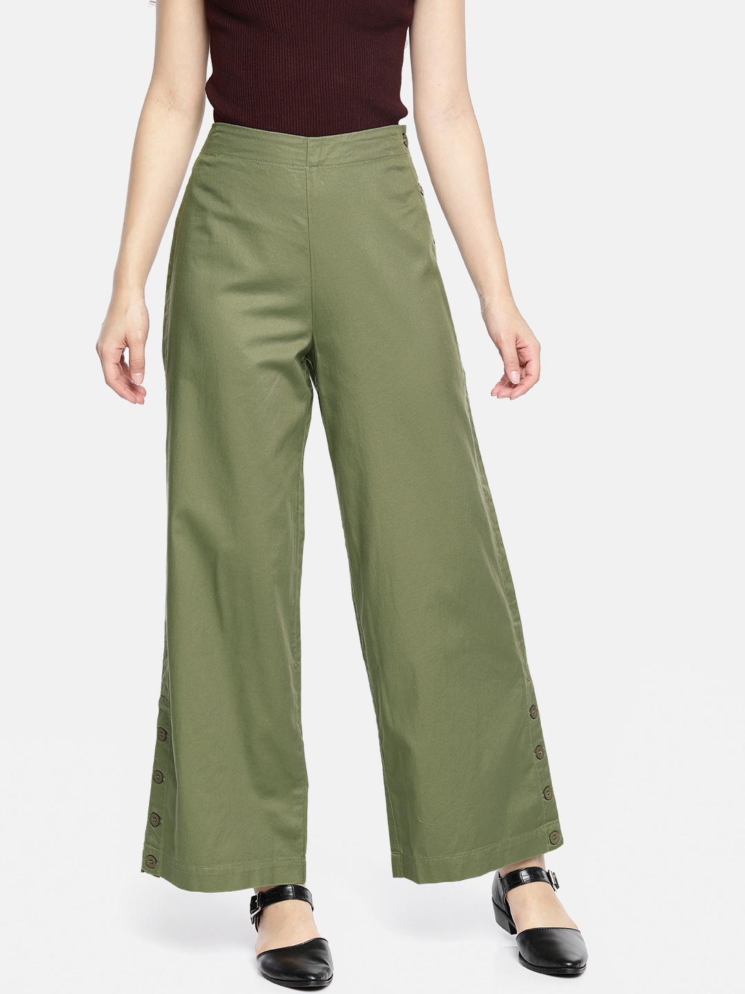 

AND Women Olive Green Flared Solid Parallel Trousers
