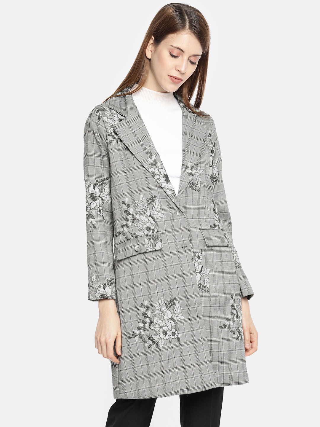

AND Women Grey & White Checked Longline Tailored Jacket