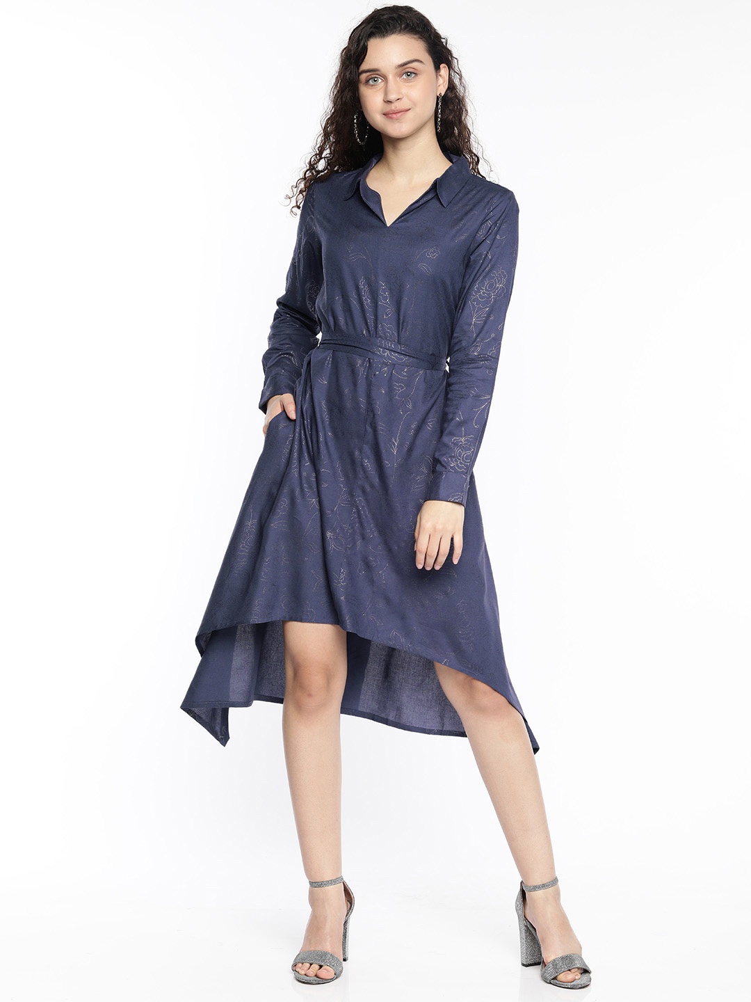 

AND Women Navy Blue Printed Fit and Flare Dress