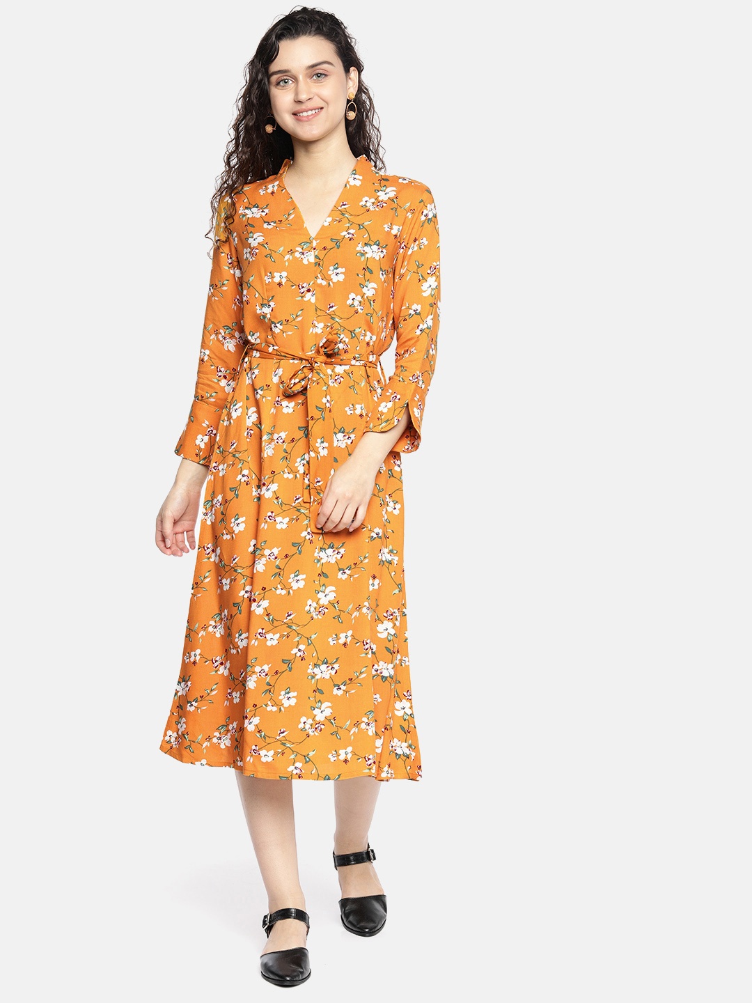 

AND Women Mustard Yellow & Pink Printed Fit and Flare Dress