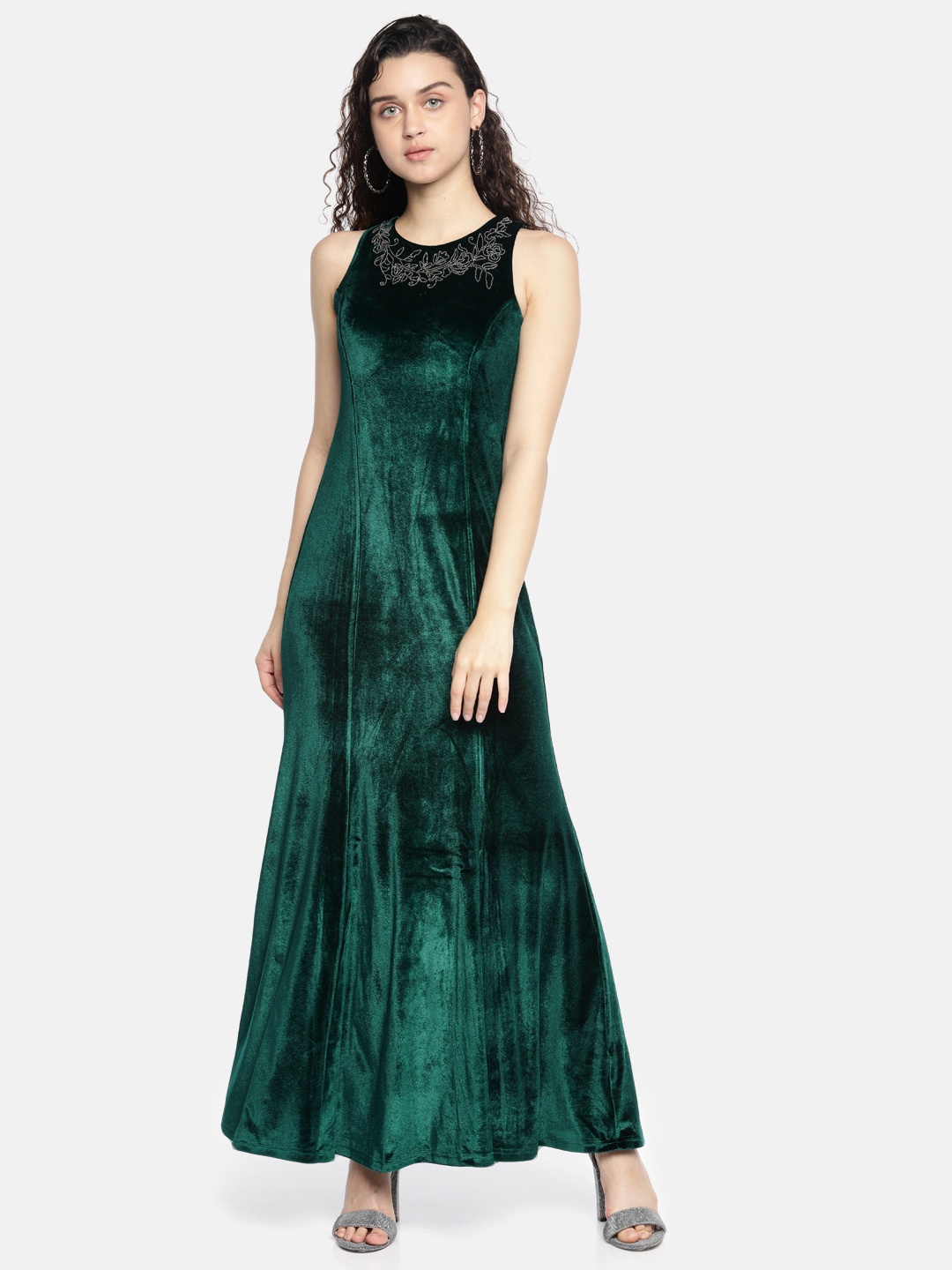 

AND Women Green Self Striped Maxi Dress