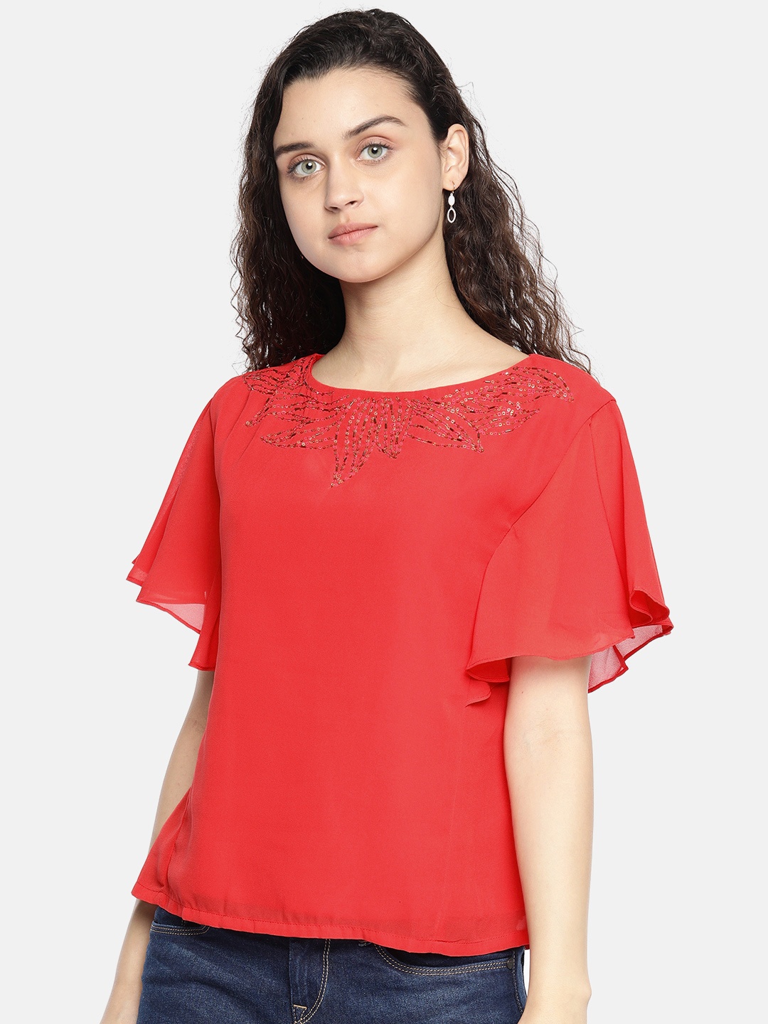 

AND Women Red Solid Top With Embellished Detail