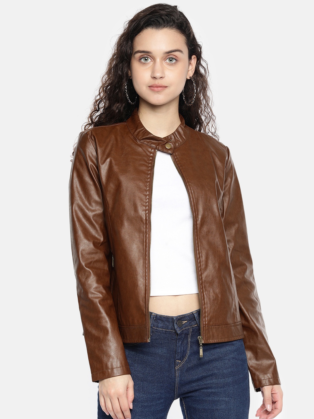 

AND Women Brown Solid Biker Jacket