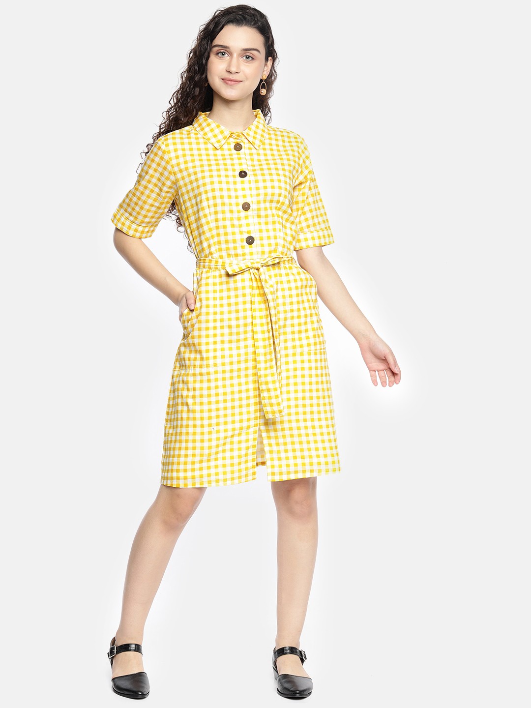 

AND Women Yellow & White Checked Fit and Flare Dress